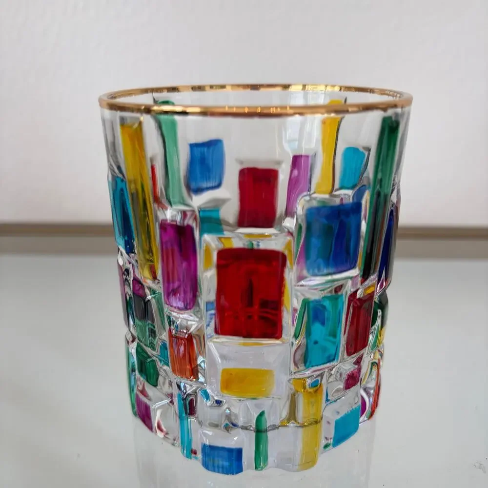 Hand Painted Italian Murano Crystal Whiskey Glasses 2pc 10oz Colorful Mosaic
